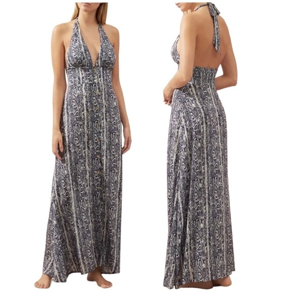 Heidi Klein Kenya Halter neck Maxi Dress Blue Snake Skin Print Women's Large - Picture 1 of 11